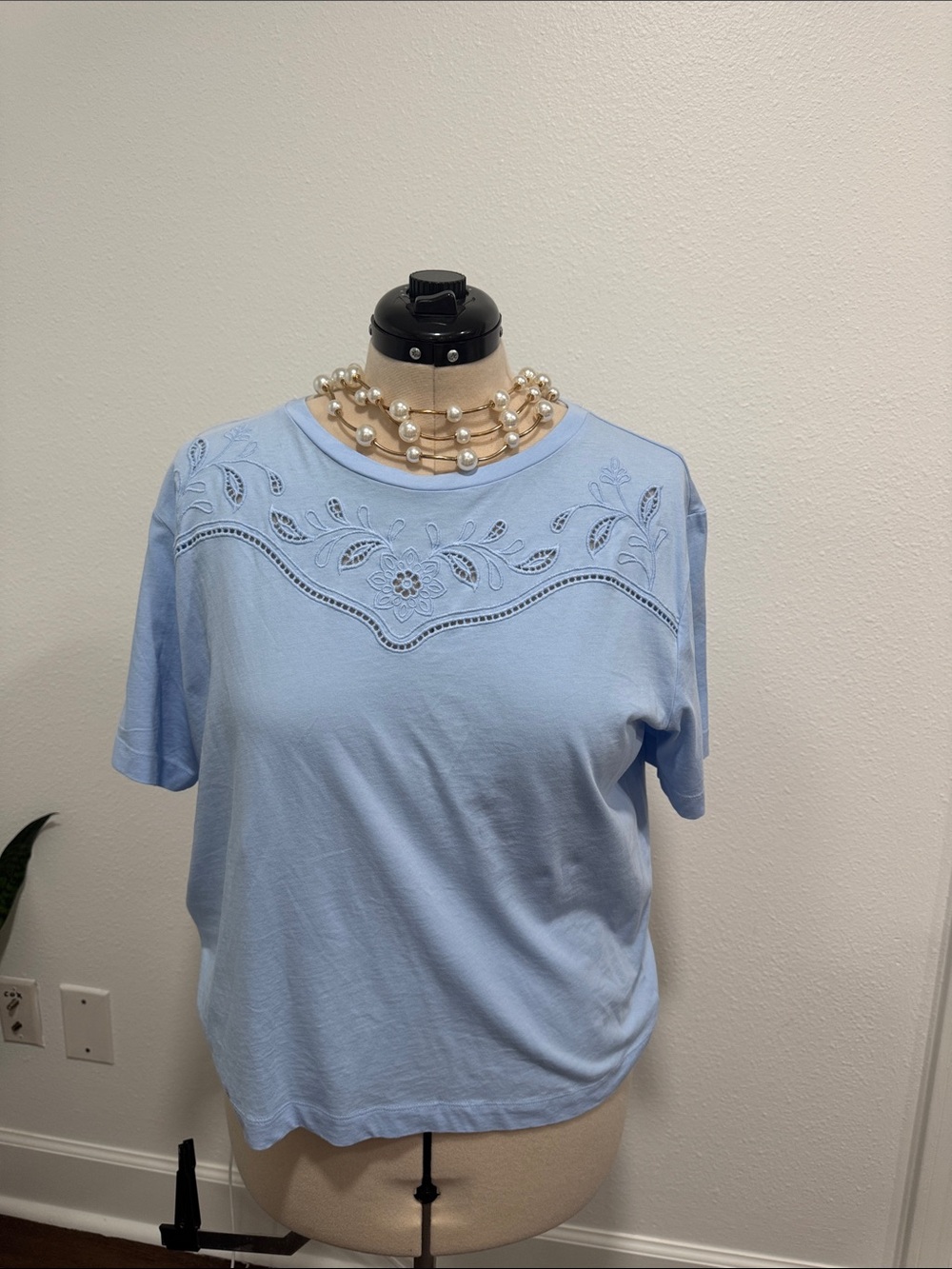 LOFT Light Blue Short-Sleeve Top with Floral Cutwork